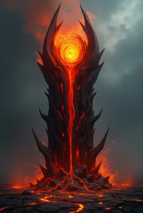 A volcano weapon made of lava, obsidian, fire crystals and one lava core