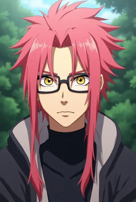  Create a male character from the anime Naruto with long pink hair, yellow eyes and glasses  
 