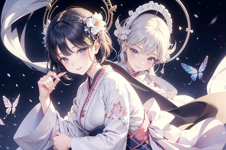  1 girl、 1 girl、(8k、 best image quality、 best quality、masterpiece)、 Masterpiece、There is a glowing aura around her、There is a very large moon in the background、 under the starry sky 、Little moonlight、Night sky bob cut、Princess cut、Detailed face with finely...