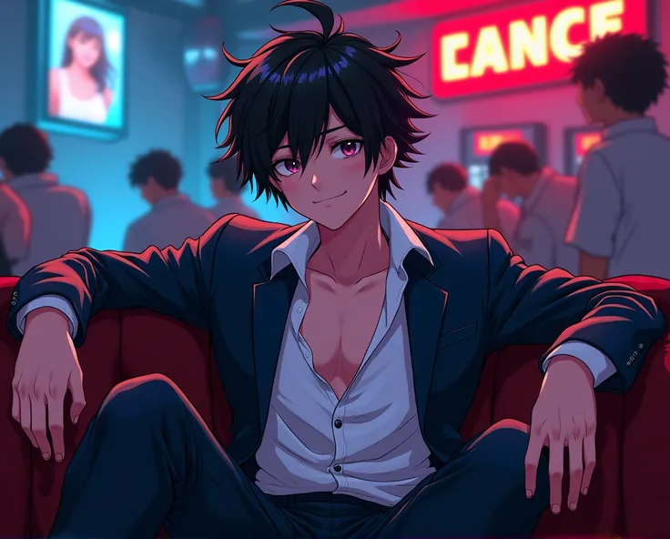 Boy,  chubby build ,  white unbuttoned shirt, blazer,  black hair , kinky face ,  sitting on the sofa, club,  danganronpa anime style 