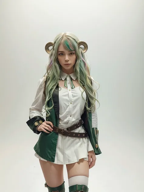 ((live 2D))  masterpiece, 1girl, full body, stands straight, steampunk clothes, military clothing, looking at viewer, detailed face, girl with green wavy hair, bangs, metal sheep horns, gradient hair, multicolored hair, light green hair, turquoise hair tip...