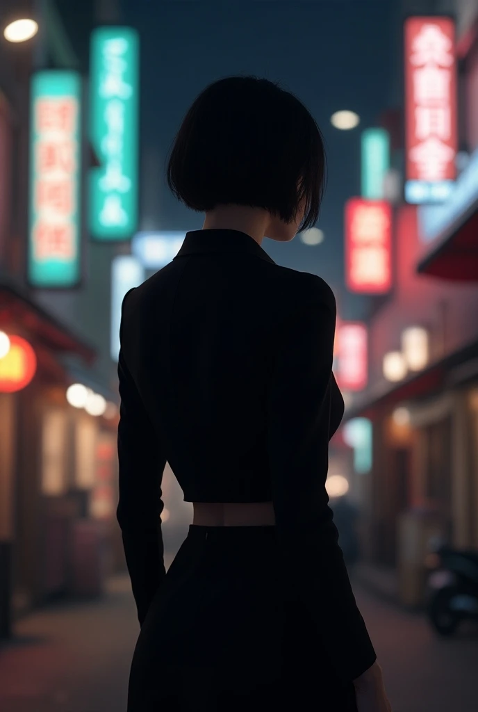 " short hair wearing , I cant see the face, but I saw it from behind,  ,  Picture of a young Korean woman with modest  ,   unexposed elegant two-piece outfits ,  conveying refinement and beauty to night streets with neon signs ."