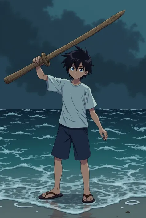 anime Teen boy with black hair  wearing white t-shirt and navy blue shorts wearing slippers playing with his wooden sword made of tree near the shore. watching the dark skies with cold air near the shore and water tentacles grabs his feet