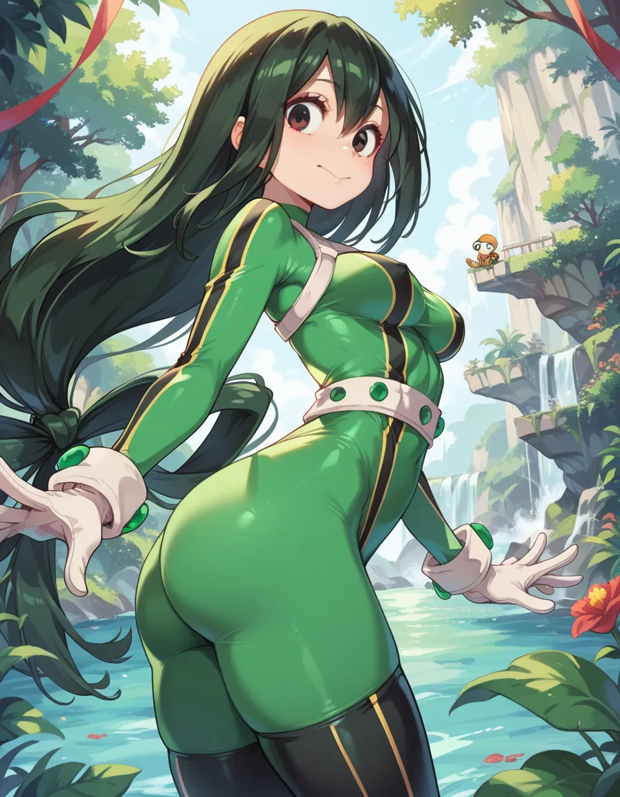 (side angle), tsuyu asui, petite-body, costume, froppy costume, slender body, tiny waist. sexy body, sexy figure, slim thighs, s...