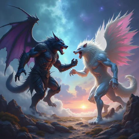 A hybrid of dwarf,  Orc and Vampire fight against a hybrid creature from Elf, Fairy and Werewolf . (masterpiece: background : cosmic, Stars, Fantasy world , Room),  Highest image quality ,  Vivid colors , Very detailed,  dreamlike world , Strong Emotions, ...