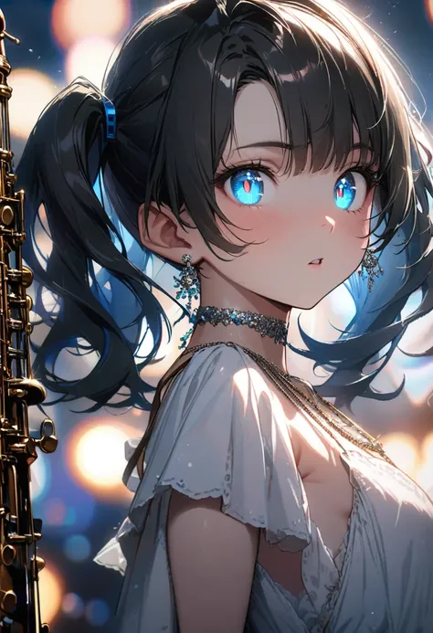  (1 person, cute若い女性,Age 15, small bust,Black Hair、 twin tails、 blue eyes),masterpiece, Best Quality, Illustration, Sax Blue, Platinum Earrings, Platinum Necklaces,  white dress, cute, ( dynamic lighting :1.2),  Movie Lighting, Gentle Facial Features ,  de...