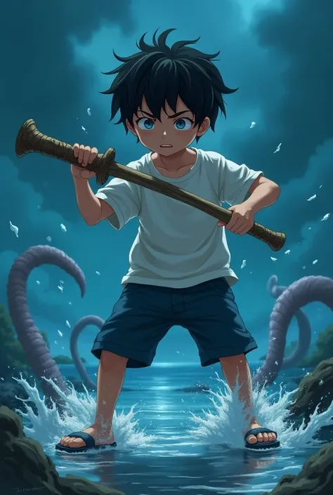 anime Teen boy with black hair  wearing white t-shirt and navy blue shorts wearing slippers playing with his wooden sword made of tree near the shore. watching the dark skies with cold air near the shore and water tentacles grabs his feet with his scared f...