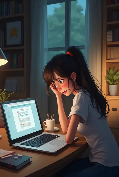 Girl attending online class with laptops there are many books there she  faces technically shows during online sessions like website crash and online lags she got depressed 