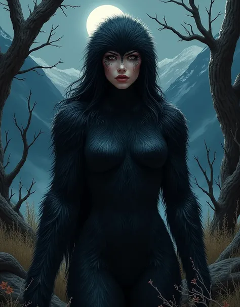 a beautiful woman with black fur, beautiful detailed eyes, beautiful detailed lips, extremely detailed face, long eyelashes, radiating both beauty and terror, in the enchanting Alaska mountains under a full moon night, amidst dry trees and undergrowth, int...