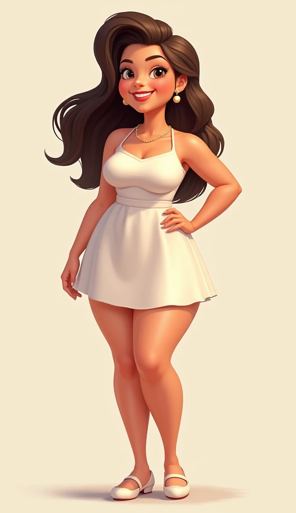 "Create a character who is a 20-year-old American woman with a fair complexion and an approachable, cute appearance. She has a full, curvy figure and wears a short, stylish dress that reflects her youthful, confident style. Her facial expression is warm an...