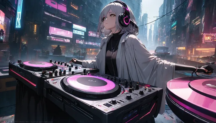 1dj Looking Up , DJ Console, Futuristic headphones,  Cyberpunk Megacity Streetscapes,  complicated details, (masterpiece), (Best Quality), ( Very Detailed),  so beautiful, figure,  perfect composition of drapes , Vaporware