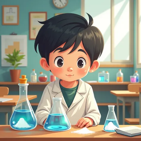 Draw an illustration of an elementary school student dissolving salt in water