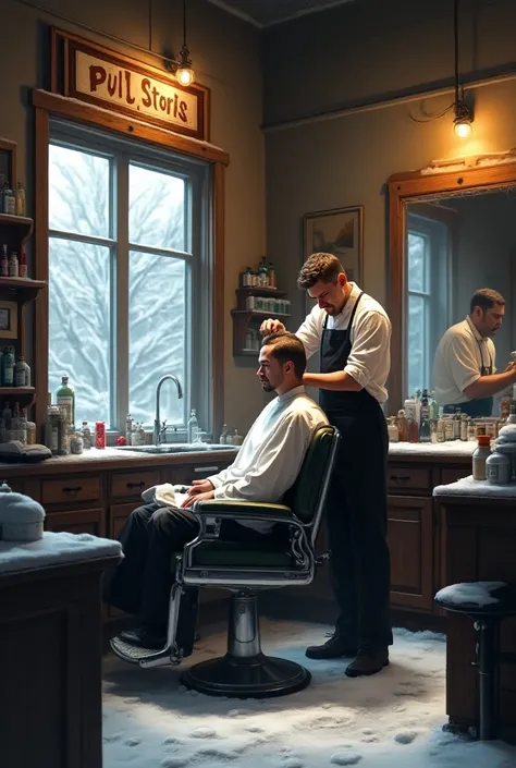 Barber is cutting hair for a customer in a snowy shop. There is a sign in the store.Pull Barber Shop. 