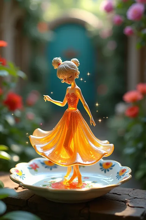 A delicate miniature girl-like figure, fashioned from colorful glass, twirling on an intricately painted porcelain plate, set in a quaint, fairy-tale garden with vibrant flowers and ivy- covered walls. The plates ornate designs add a touch of elegance, whi...