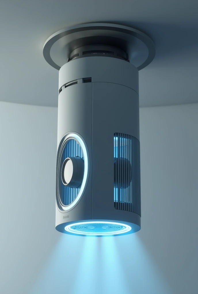 Create a cyclindrical device which hands on the ceiling with two flat fans , the holding to the cylinder should have 6 vertical vents the cylindrical device , give me a 3d side and the fans are enclosed in a circular shape thing with neon lights 