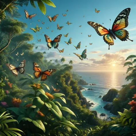 [realistic photo landscape, butterfly view], [1960s style, psychedelic, retro, vintage], [swarm of butterflies filling the sky, ...