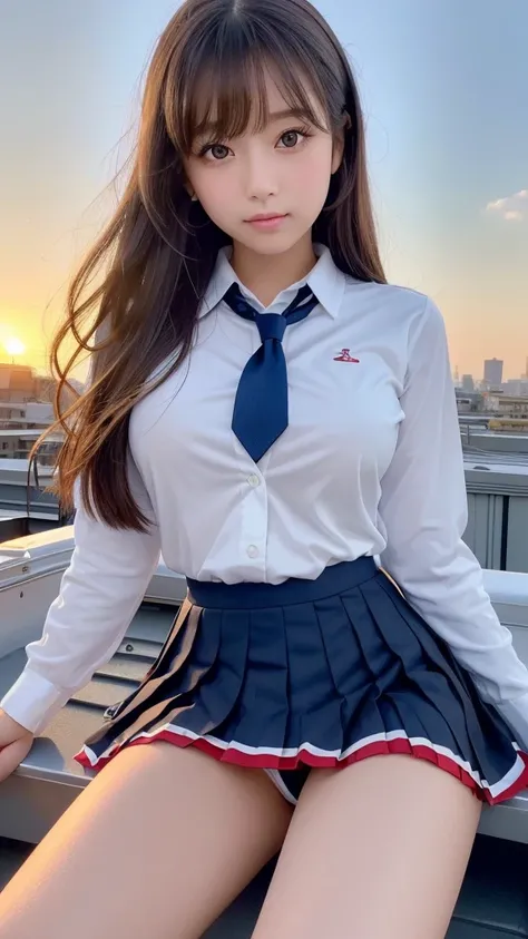 ((セーラー服を着た女子  high school students:1.5 )),(( red:1.5)),(Ribbon tie:1.5)),(  white shirt :1.3),(blazers:1.3),Deep waistline,((  NAVY BLUE SUPER MINI PLEATED SKIRT :1.5)),(  skirt flip:1.3),(  show me white panties  :1.3),  1 girl,(6.Five Heads),  cowboy sho...