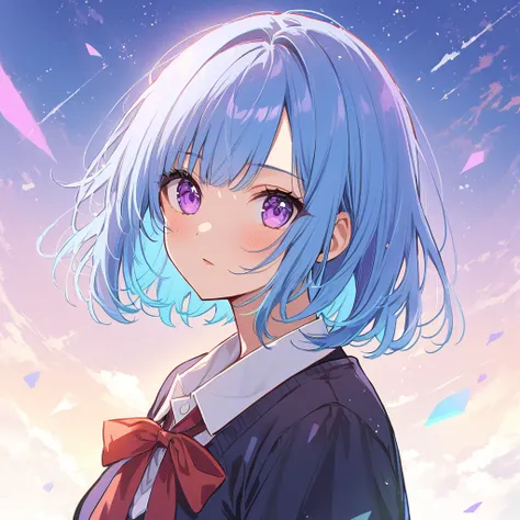  1 girl, solo,  Bob , purple eyes,  Medium Hair, Blue Hair,