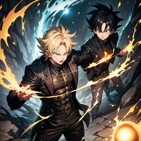 Boy, in forest, in black jacket and black pants,in SSJ3 form,
Holding dragon ball , blue eyes, golden aura around him , strong body, bafed, gold hair 