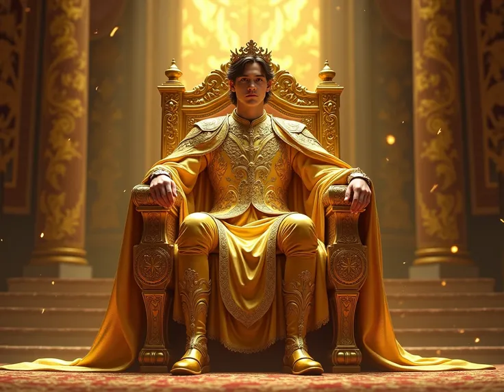 the young king sitting on the throne. in a golden battle dress. golden throne