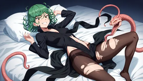 tatsumaki | one punch man, ​masterpiece, top quality, solo, glowing red eyes, lower abdomen tattoo, adult woman,, provocative sm...