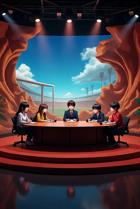 Streaming channel with a table for 5 people, microphones and a set with Captain Tsubasa elements, pieces of the ship, references to the different films, in a literal and abstract way. Generating textures, heights, and a lot of creativity