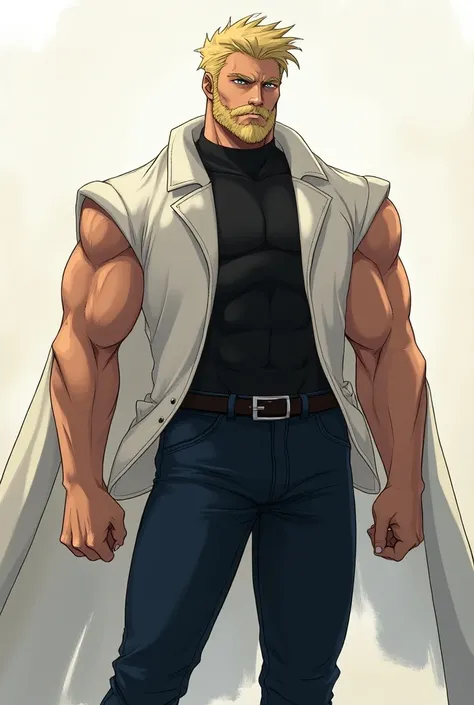 génère une image de style anime dun homme de grande taille avec des muscles forts et maigres, de cour cheveux blonds, habillé élégamment, une mâchoire carrée et masculine, des yeux bleus et une barbe courte et mal rasée. Et vu entièrement de la tête aux pi...