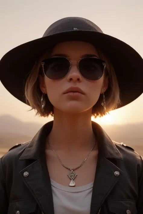 Close up of the face ,  alterminev girl ,  looking through black sunglasses ,  jacket , necklace, , the reflection of light lying on the skin, earring, cosmetics,  skin imperfections , Short hair, hat,  sun light background , Low light, Deep ,  high-profil...