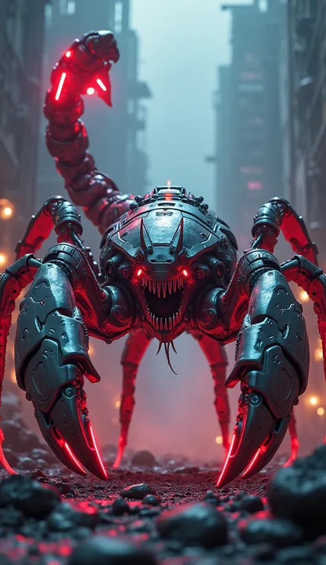 realistic giant metallic scorpion, intricate mechanical details, highly complex cyberpunk tank hybrid, chrome plated exoskeleton, glowing neon accents, intimidating presence, dynamic action pose, rugged industrial setting, dramatic lighting, cinematic comp...