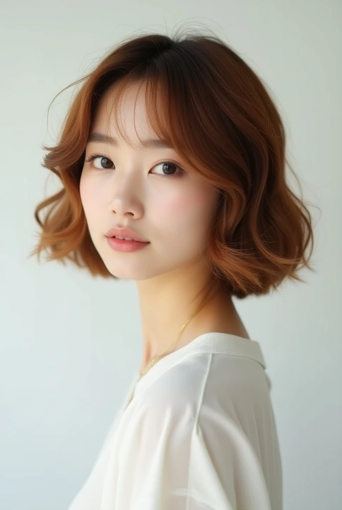 A high-quality photo of a Japanese woman with a short, layered haircut and light-colored hair. The hairstyle is chic and modern, with a soft, natural texture that enhances the layers. The hair color is a bright, warm tone, like a soft caramel or light brow...