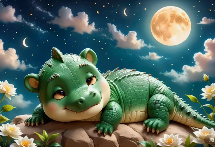 A cute baby crocodile sleeping on a cloud. The baby crocodile is surrounded by the Moon and stars. Soft, warm ambient glow.