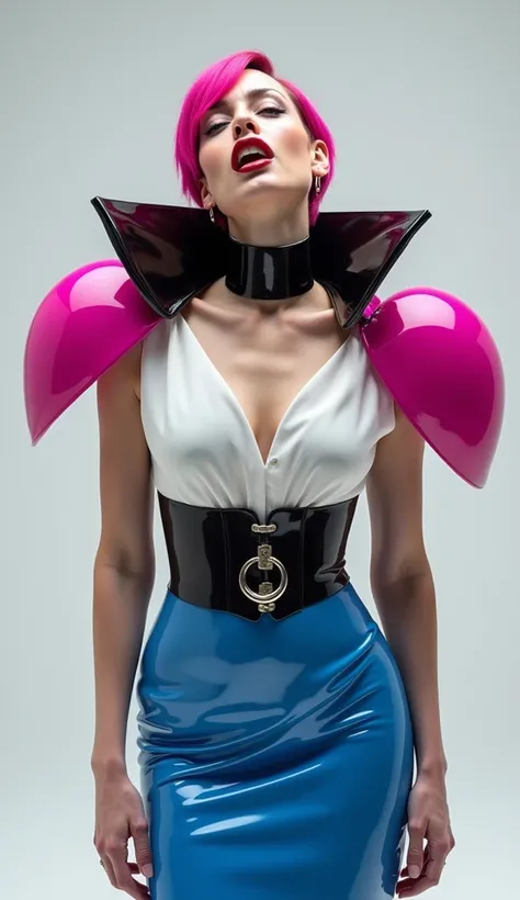 angelina jolie, vue de dos, latex brillant, dominatrice, chemisier en latex blanc, serre taille latex noir, costume longue jupe crayon en latex bleu, ceinture latex noir, futuriste veste courte en latex rose fluo, larges épaulettes en latex rose fluo, cuis...