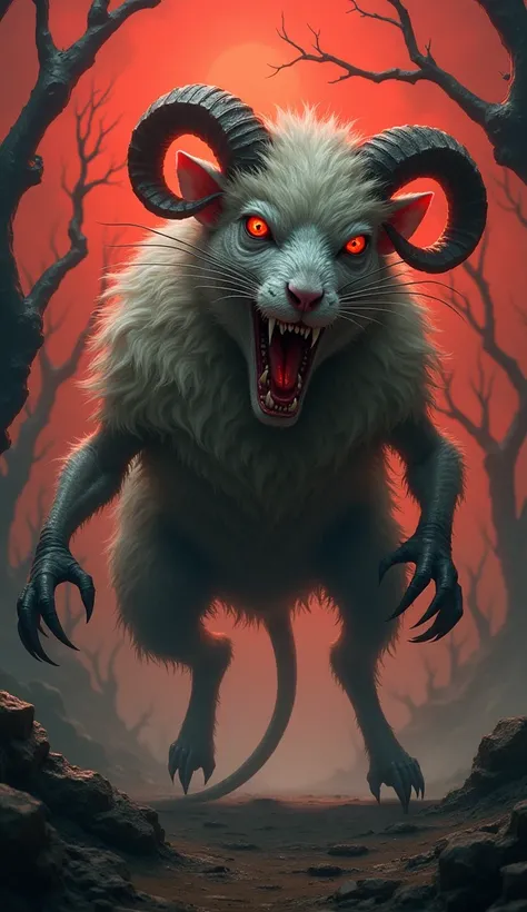 "Design a hybrid creature that seamlessly combines the features of a rat and a sheep into a monstrous, dangerous form. The body should be a blend of the rat’s small, sleek frame and the woolly, bulky body of a sheep. Its head should merge the rat’s sharp, ...