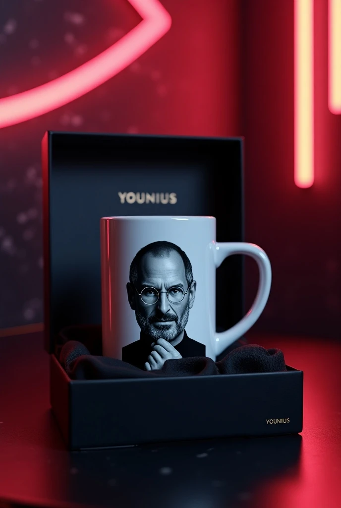 Minimalist realistic white mug written with the face of “Steve Jobs” with luxury black box from the brand “YOUNIUS” with luxurious background “YOUNIUS” written in neon