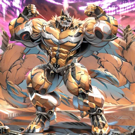 (ryekie, 8K), (ryekies giant robot, Powered exoskeleton with the same design as ryekie), (Masterpiece, highres) (Detailed head, Detailed Body, Detailed abs, full body) (gigantic muscles, Gigachad Muscular, big muscle, pecs, triceps, traps, unusually develo...