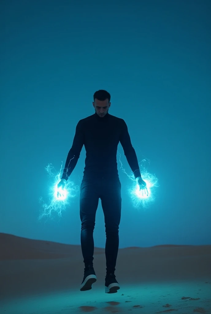 Medium build white fucking male with short black hair wearing black Futuristic cyberpunk clothes with blue light coming from Both hands and around his body hovering in the air with the desert as a background at night close up 