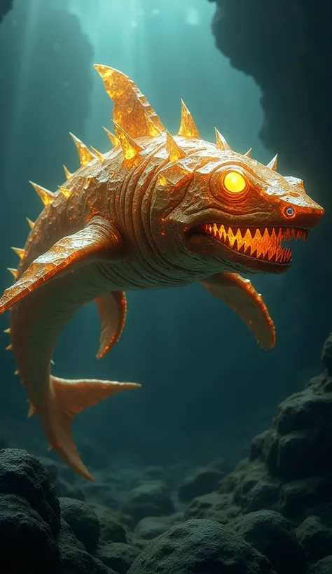 Create an image of a hybrid creature that merges features of a shark and a topaz diamond into a single, terrifying entity. This creature has the sleek, powerful body of a shark, but its skin is encrusted with sharp, angular facets of topaz that glisten in ...