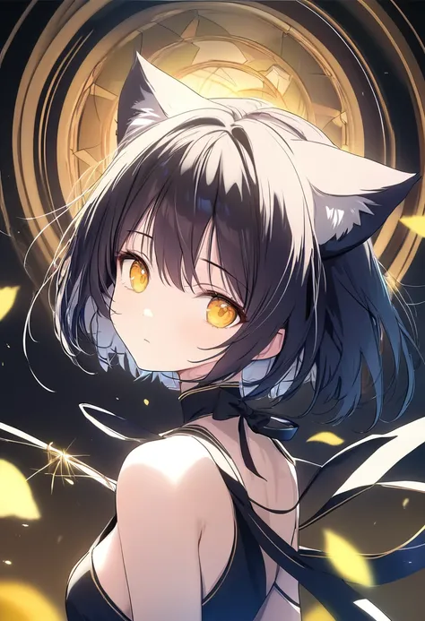   with golden eyes and cat ears  ,  Wrapped in cat ears、  beautiful girl with dark hair, medium length hair 、Very slender 。,  beautiful eyes ,   very beautiful and pretty eyes  ,     hair that flutters like ,    has a small head  , , (Best Quality,4K,8k,  ...