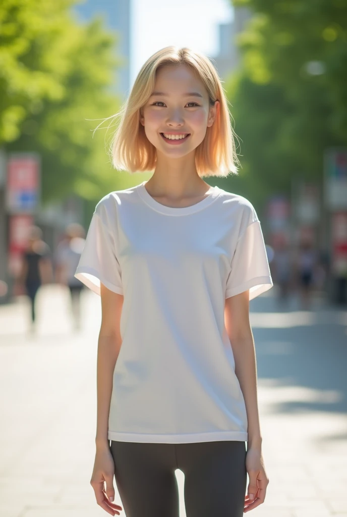 A young Japanese woman with a delicate, baby-faced appearance, small facial features, and smooth, fair skin. She has straight, light blonde hair cut just above the shoulders, and a slender, petite frame. She wears a simple white T-shirt and form-fitting le...