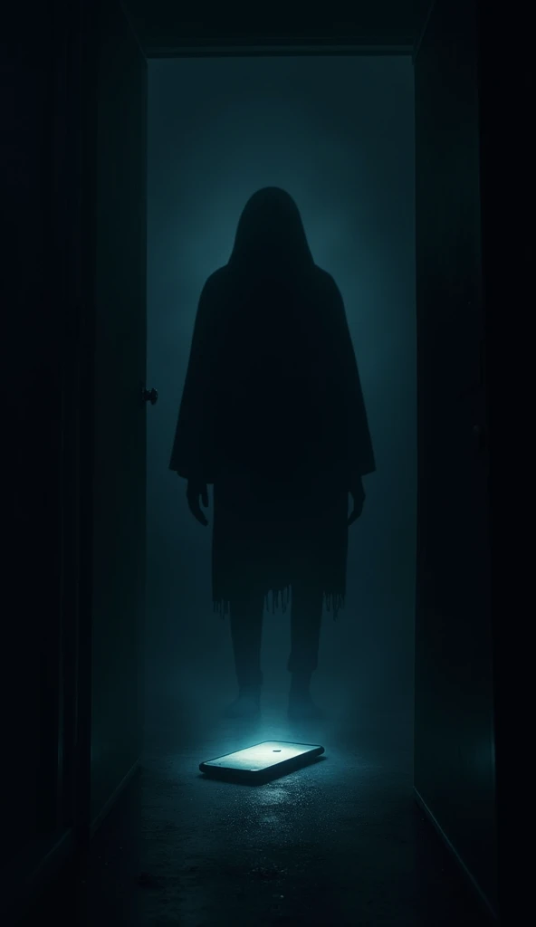 "A pitch-black room with a dark, shadowy figure emerging from the background. The room is illuminated only by the faint glow of a phone on the floor. The figure is faceless, tall, and moving slowly toward the viewer."
