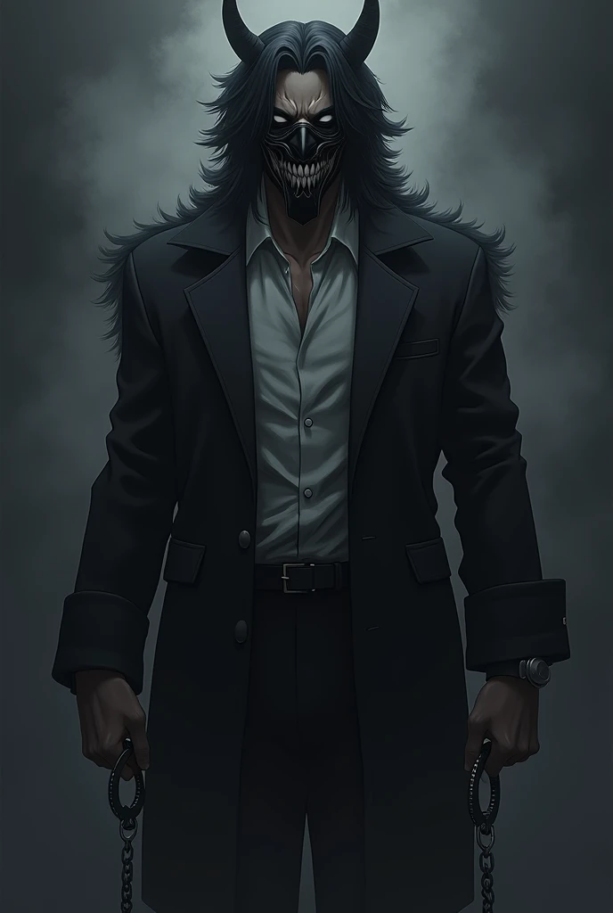 Anime man with medium long black fluffy hair..hes tall and he has  handcuffs hes wearing  a black demon mask on his mouth .. 