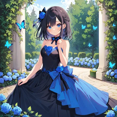  1 girl, solo,  long black hair ,Blue eyes, prom dress,Rose Garden, blue rose ,blue butterfly 々