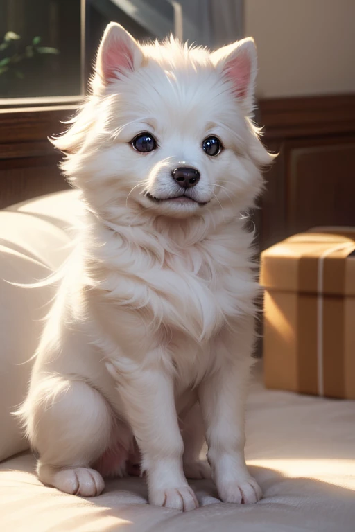 ((masterpiece)),best quality, beautiful detailed eyes, 8K resolution, Semi-realistic, cinematic lighting, 1 dog, "A small white Spitz puppy sitting alone in home. cozy mood, No humans in the scene, just the dog. Semi-realistic, 2.5D style, high-quality det...