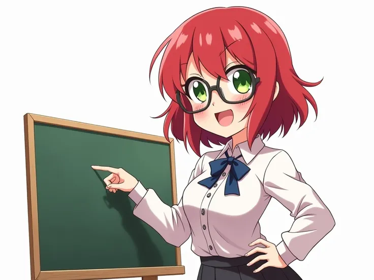  a red-haired girl with green eyes,  and with a large neckline ,  smiling and with flushed cheeks ,  dressed as a teacher pointing to a blackboard with glasses , full body anime style ,  the background must be completely white in order to merge with the ba...