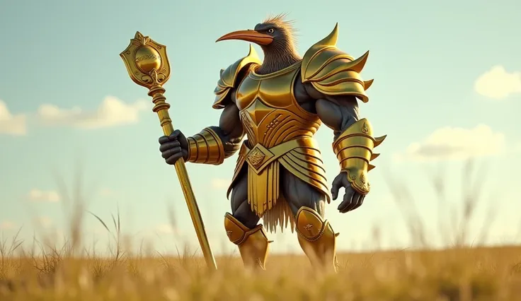 Create a realistic image of a hybrid creature that combines the muscled warrior with golden royal sceptre and golden armor with the features of a Kiwi bird. The creature should have the warrior’s muscular, armored upper body, holding the golden sceptre, bu...