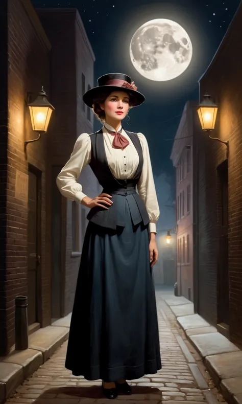 a conservative full body pose of a 1910 woman wearing a small hat and business attire and a long skirt , standing in a dark alleyway with gas lighting, a full moon in the background, beautiful character painting,