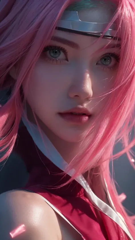 a close up of a person with pink hair and a red dress, beautiful girl with green eyes, beautiful girl with long hair, beautiful girl with pink hair 