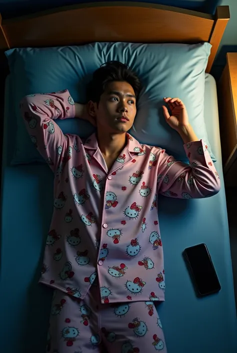 photography realistic. Photo seen from above.  Young Indonesian man lying on the mattress with one hand on the forehead with a pensive facial expression.  Next to it is a smarphone . Wearing hello kitty pajamas.  The atmosphere in the room at night .