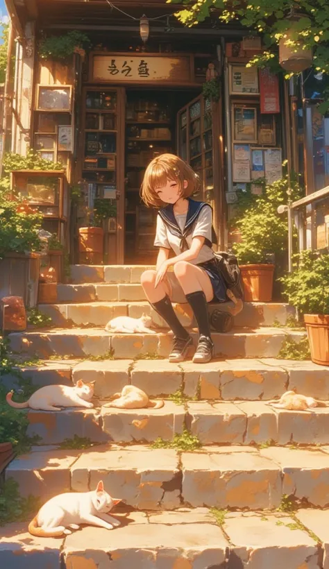 (Masterpiece, high quality, high definition, 4K, 8k, detail）、 cute cats sleeping on the stone steps（At the top of the stone steps） 、 middle school girl（ cute face、 gentle smile touching your head。 short hair、 wearing sailor suits） are stroking cats sleepin...