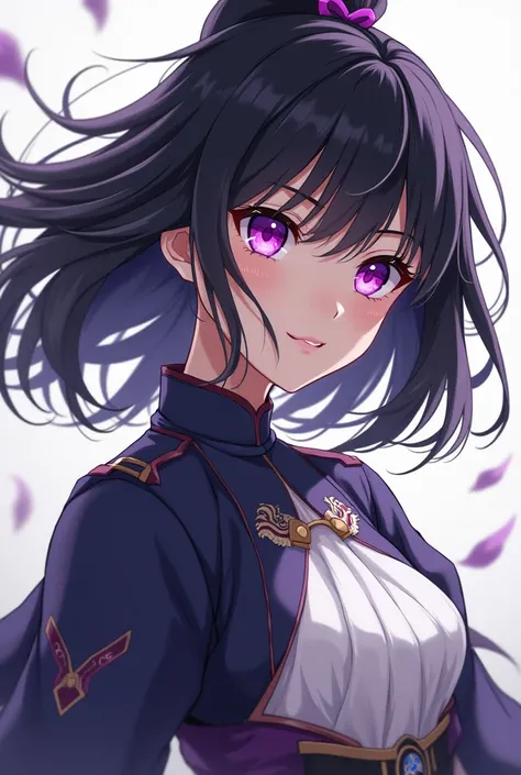 A beautiful anime girl of age about 17 or 18 years with beautiful medium long black hairs purple eyes looks like a good fighter wearing a good warrior like outfit smart and looking beautiful